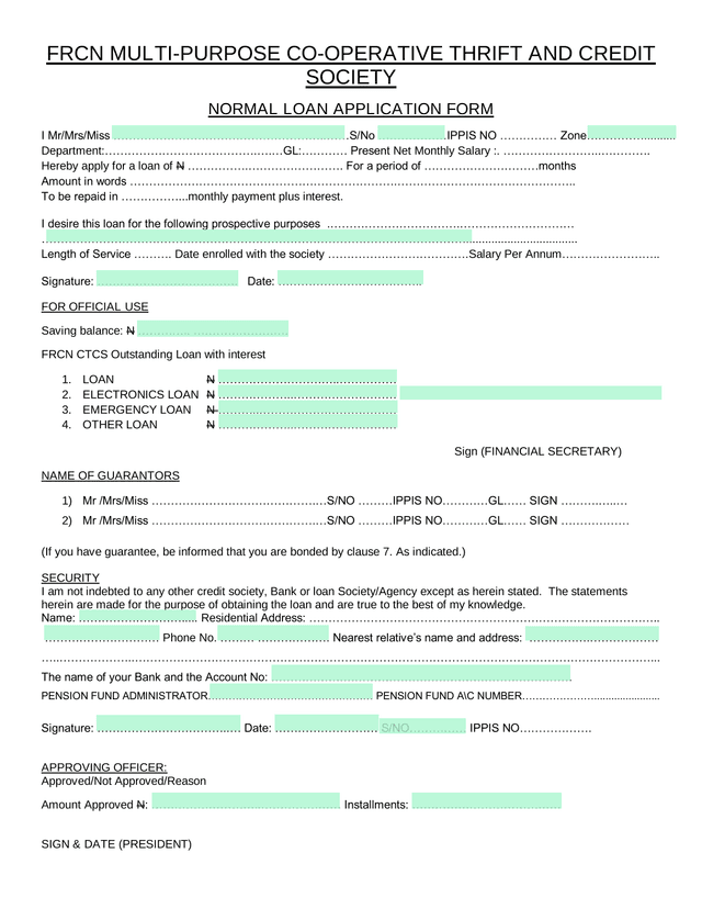 NORMAL LOAN APPLICATION FORM screenshot