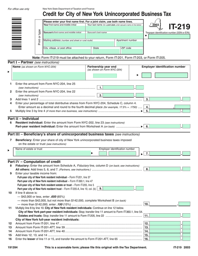 IT 219 Credit For City Of New York Unincorporated Business Tax screenshot