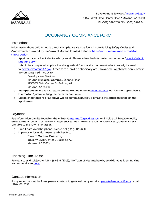 Occupancy Compliance Form screenshot