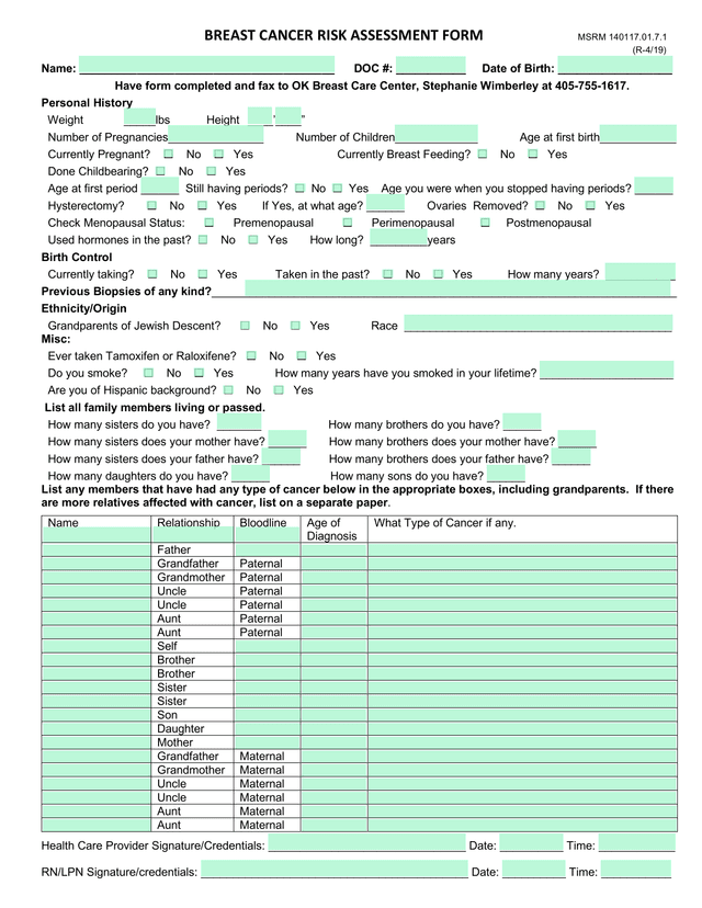 Breast Cancer Risk Assessment Form screenshot