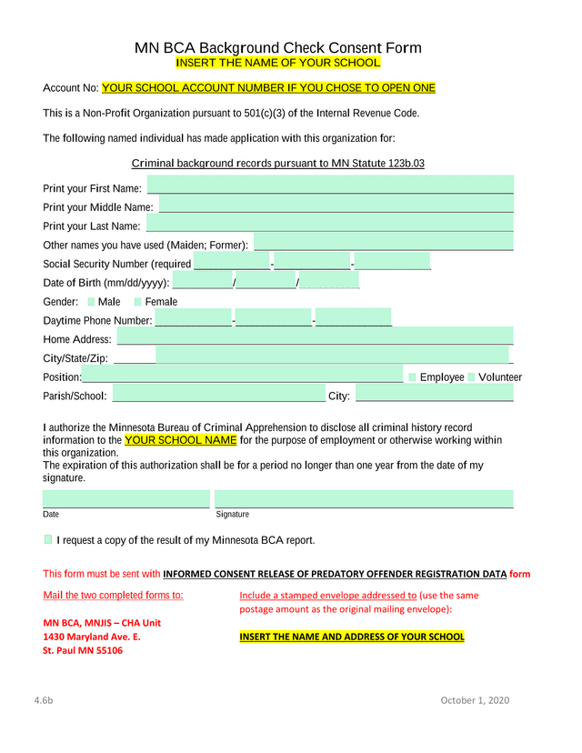 MN BCA Background Check Consent Form screenshot