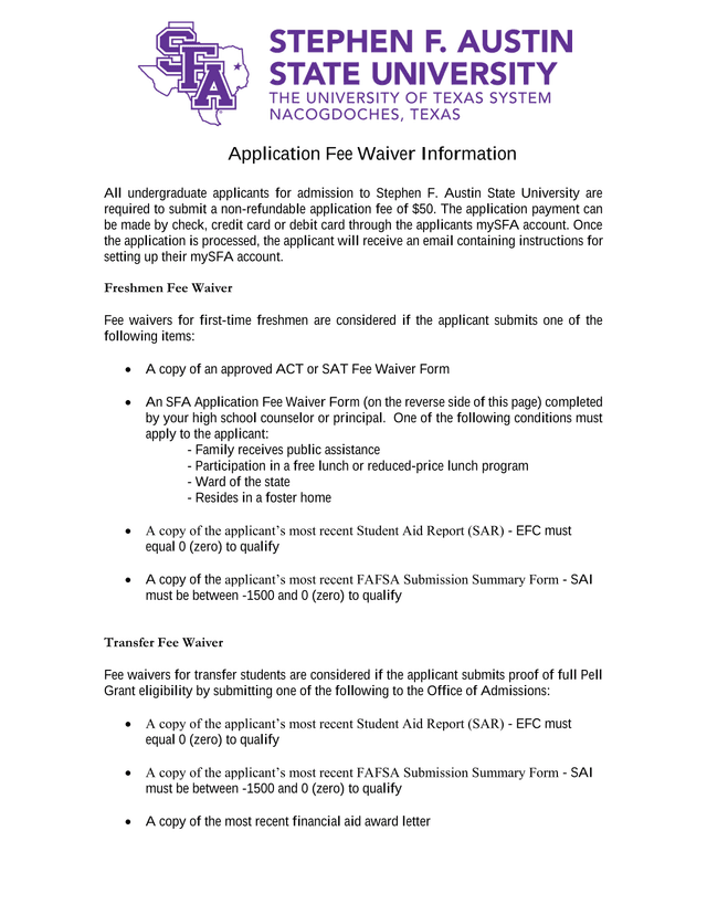 Application Fee Waiver Information screenshot