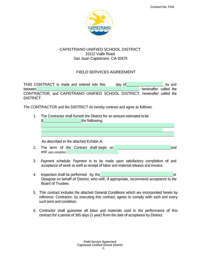 Field Services Agreement screenshot