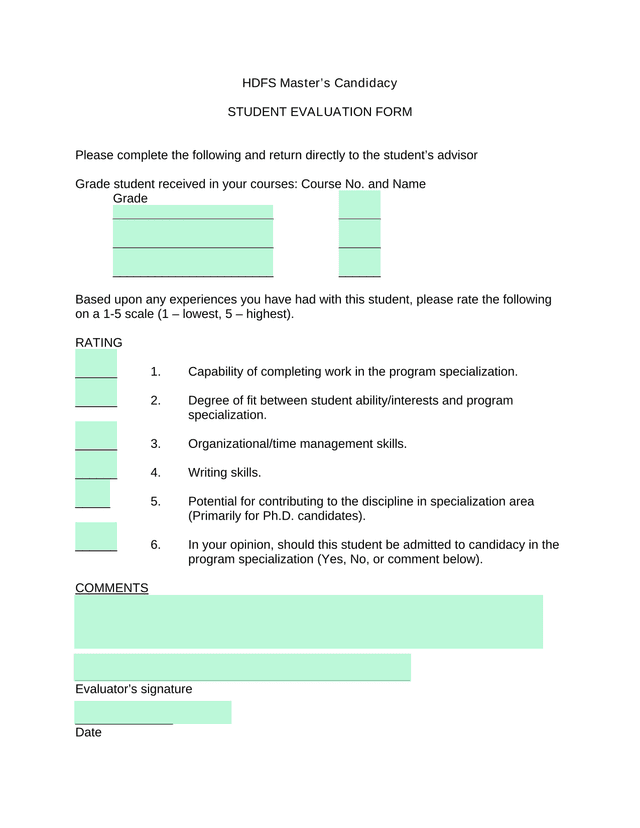 HDFS MasterS Candidacy Student Evaluation Form screenshot