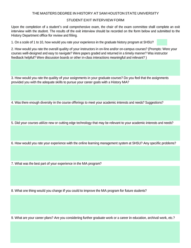 Student Exit Interview Form   Masters Degree In History At Sam Houston State University screenshot