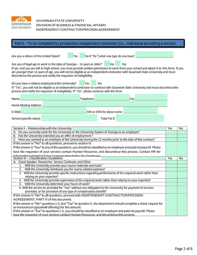 INDEPENDENT CONTRACTORPER DIEM AGREEEMENT screenshot