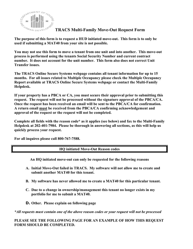 TRACS Multi Family Move Out Request Form screenshot