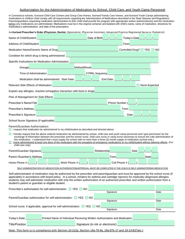 Authorization For The Administration Of Medication By School, Child Care, And Youth Camp Personnel screenshot