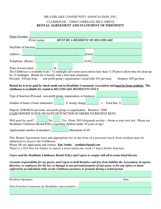 Clubhouse Rental Agreement And Statement Of Indemnity screenshot