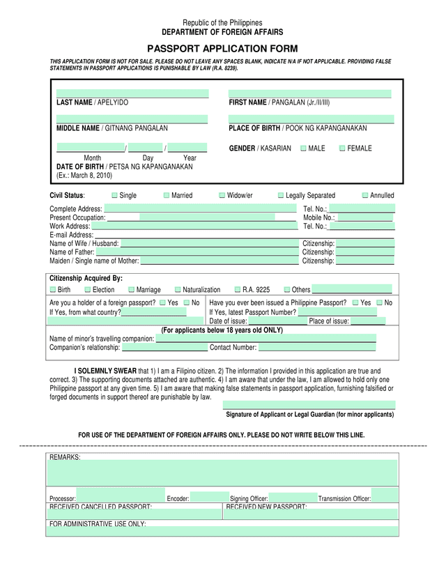 Republic Of The Philippines Department Of Foreign Affairs Passport Application Form screenshot