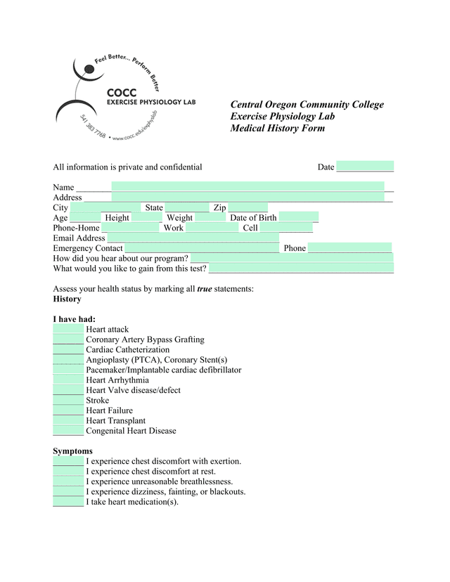 Medical History Form screenshot