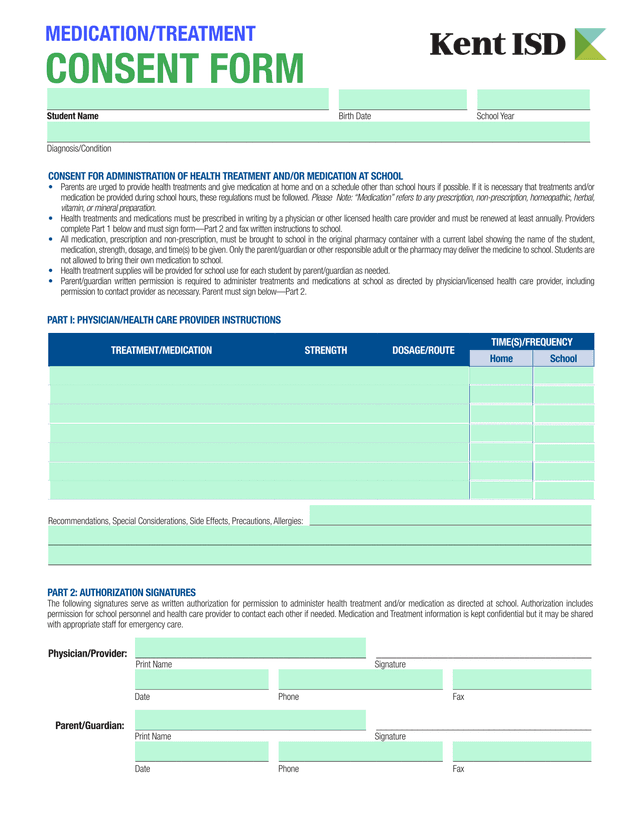 Consent For Administration Of Health Treatment AndOr Medication At School screenshot