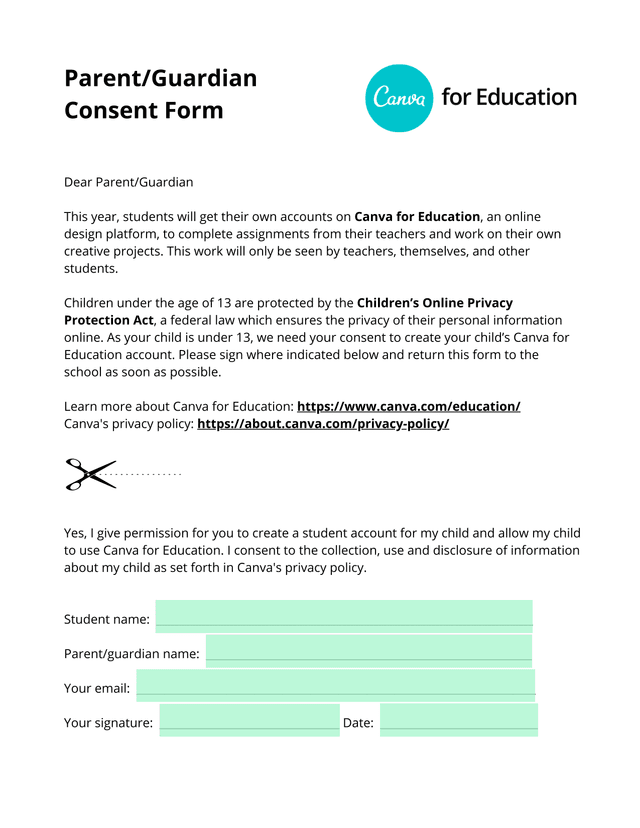 ParentGuardian Consent Form For Canva For Education screenshot