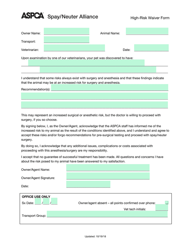 High Risk Waiver Form screenshot