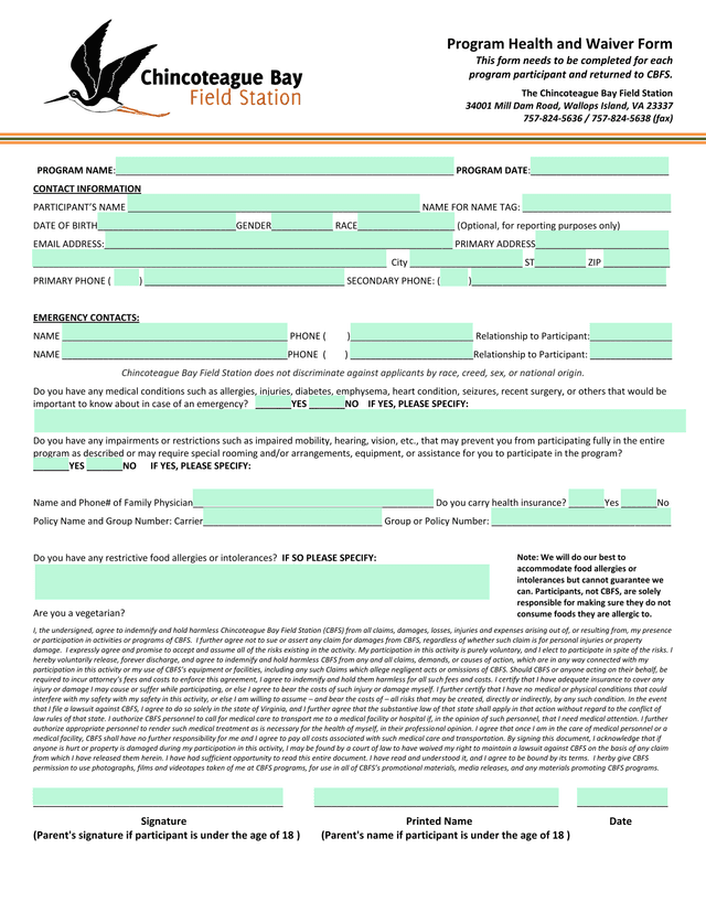 Program Health And Waiver Form screenshot
