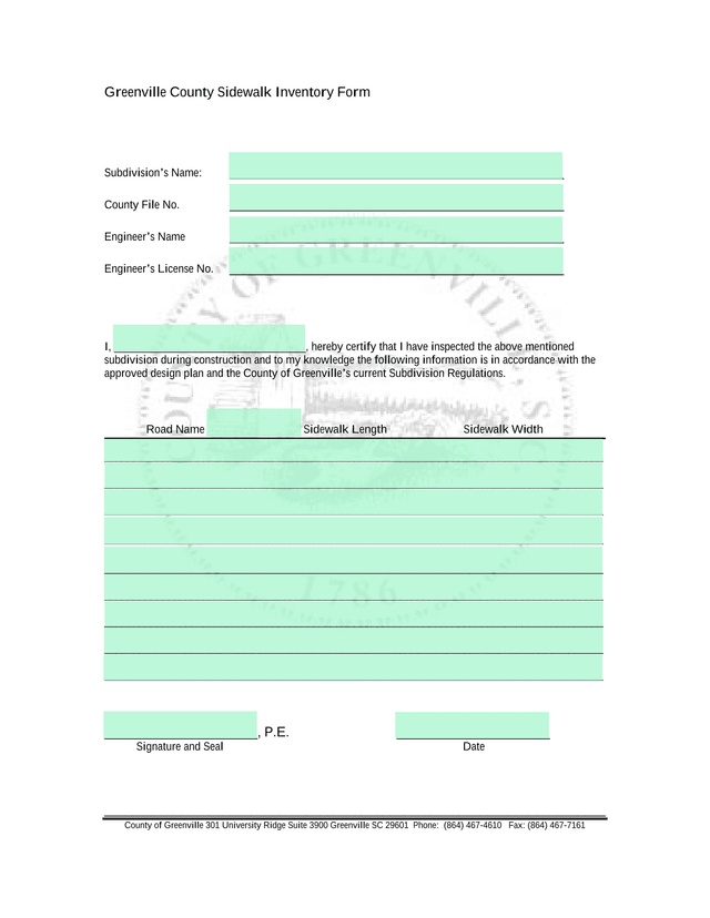 Greenville County Sidewalk Inventory Form screenshot