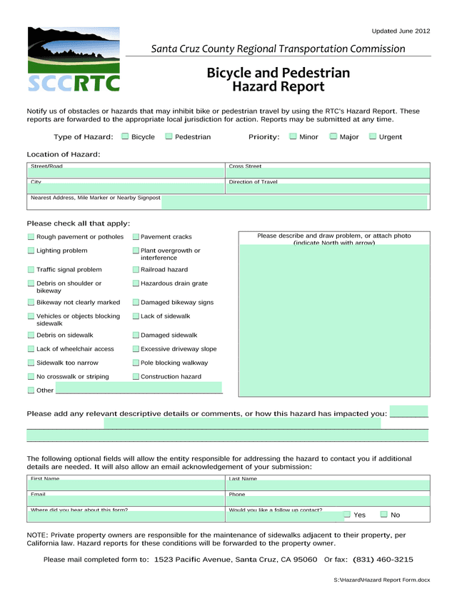 Bicycle And Pedestrian Hazard Report screenshot