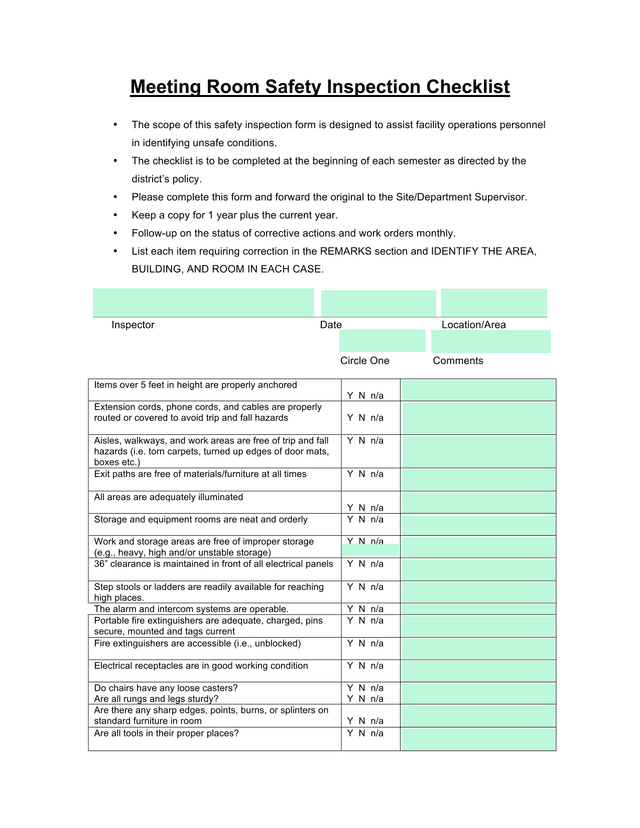 Meeting Room Safety Inspection Checklist screenshot