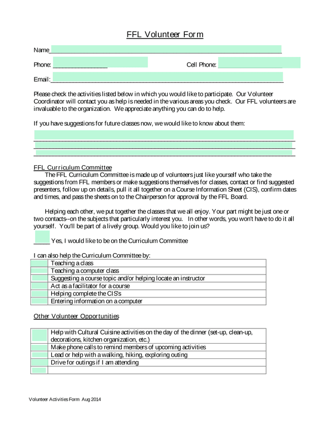 Volunteer Activities Form screenshot
