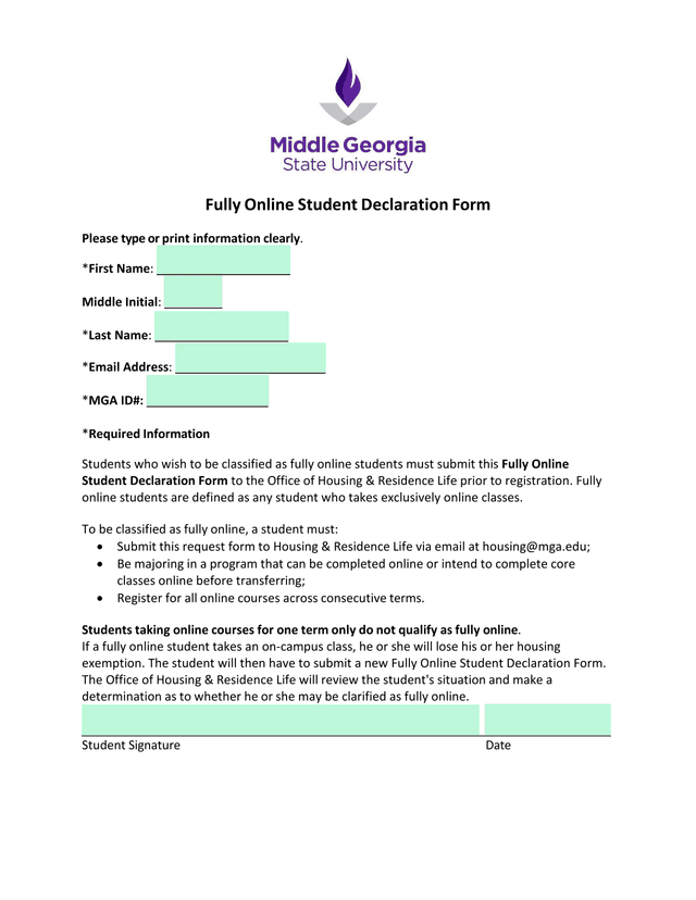 Fully Online Student Declaration Form screenshot