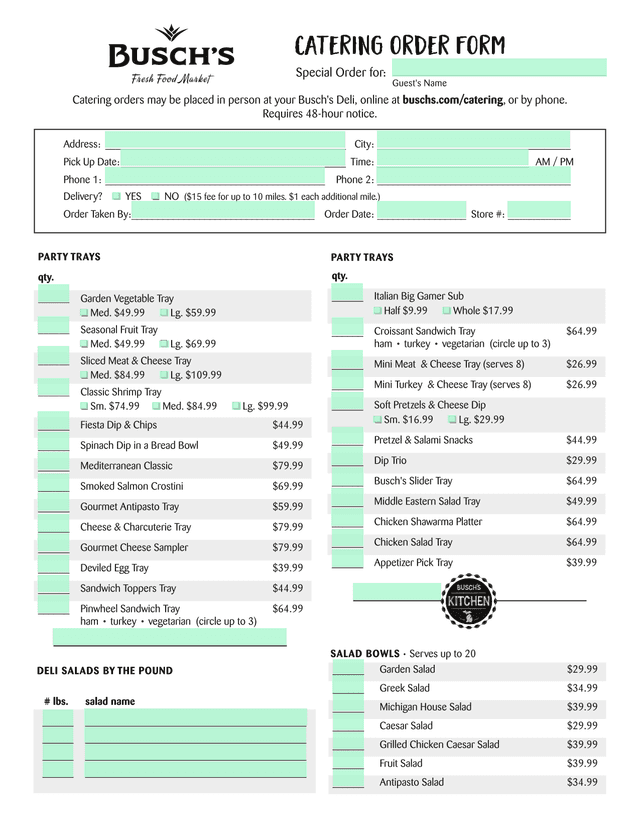 Party Trays Order Form screenshot