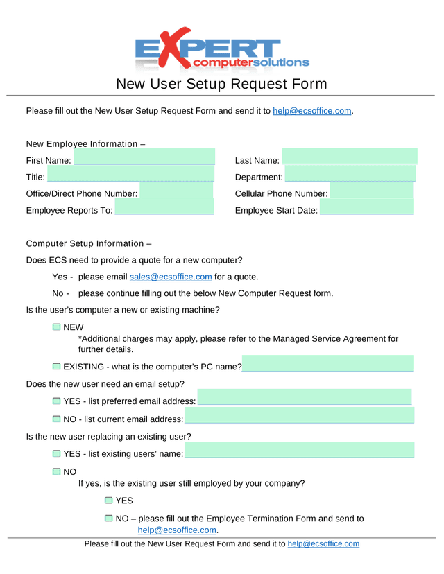 New User Setup Request Form screenshot