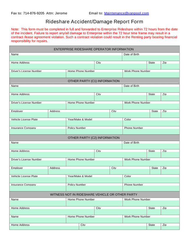 Rideshare AccidentDamage Report Form screenshot