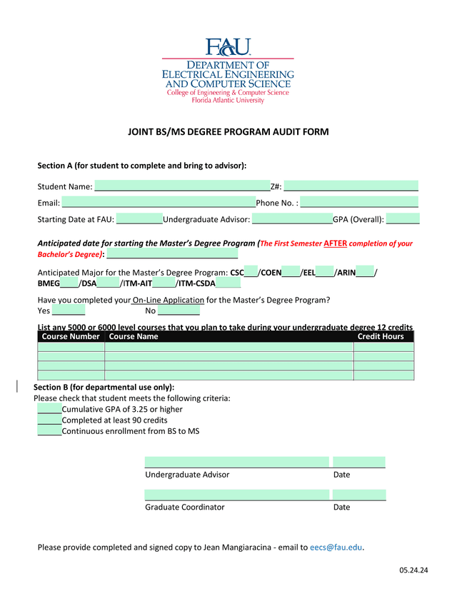 JOINT BSMS DEGREE PROGRAM AUDIT FORM screenshot