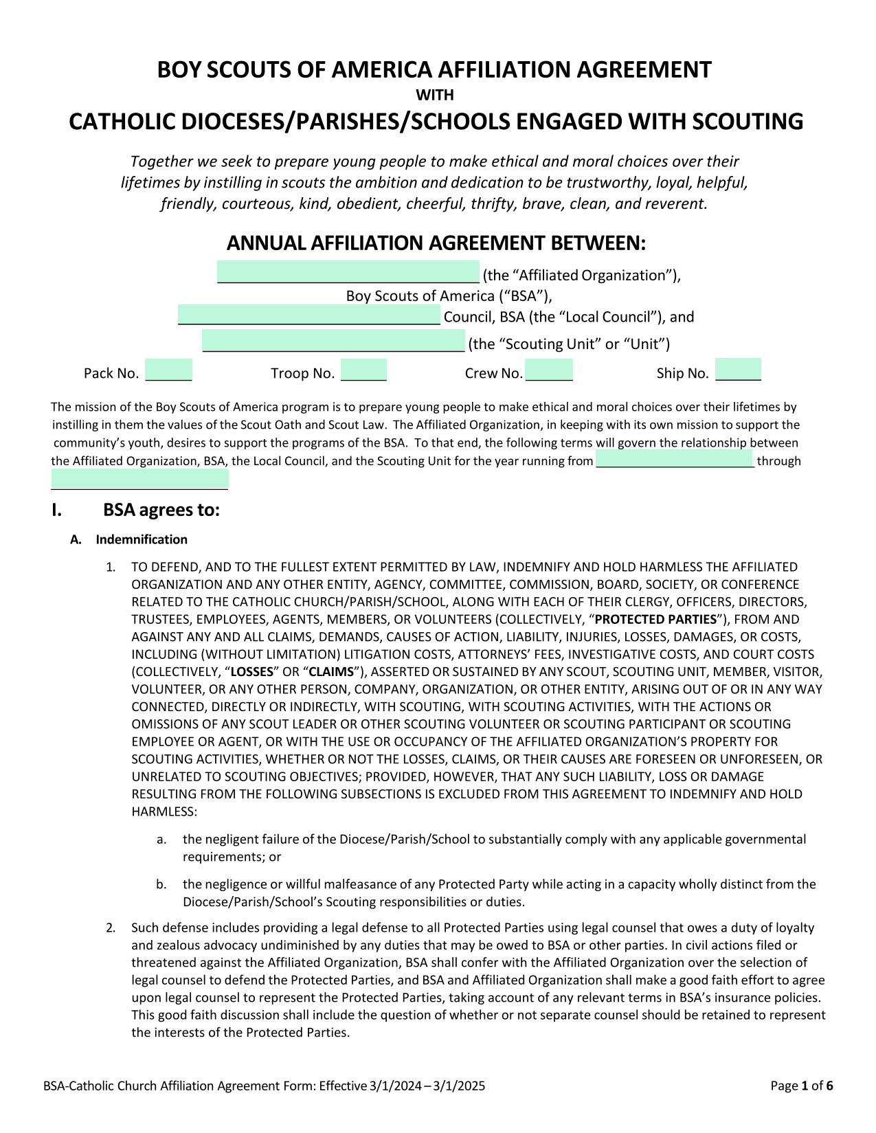 BSA Catholic Church Affiliation Agreement Form screenshot