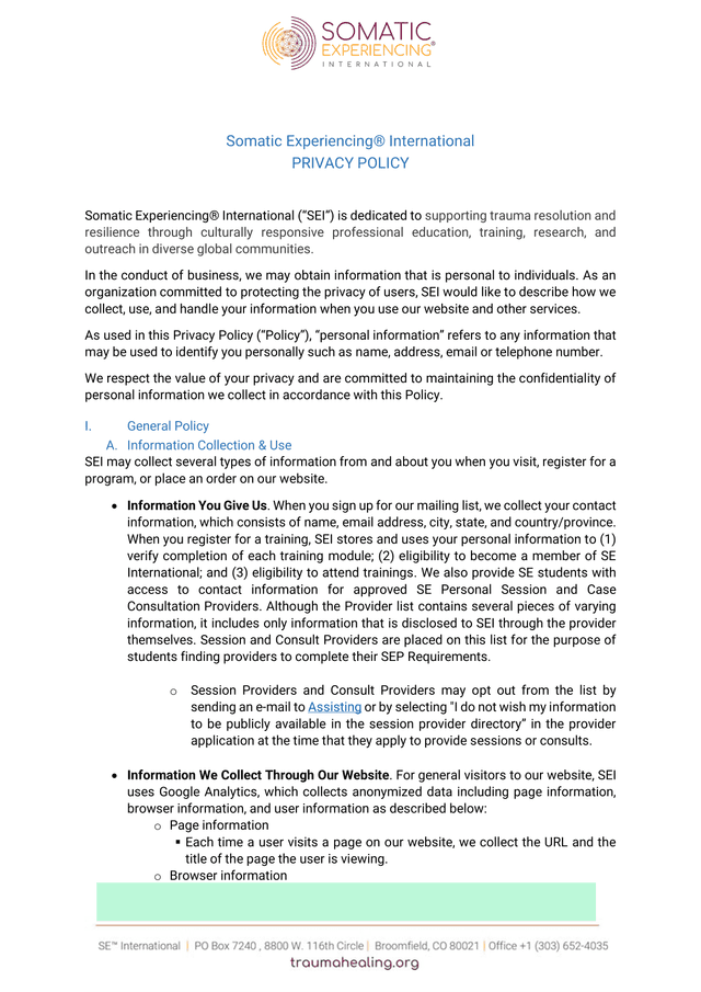 Somatic Experiencing International Privacy Policy screenshot