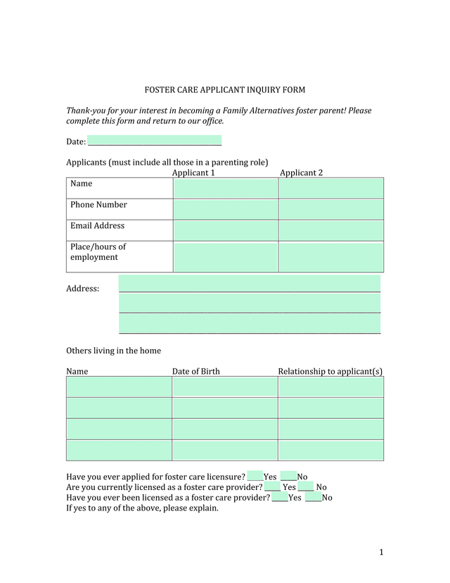 Foster Care Applicant Inquiry Form screenshot