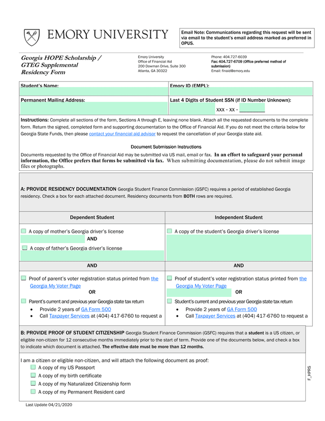 Georgia HOPE Scholarship  GTEG Supplemental Residency Form screenshot