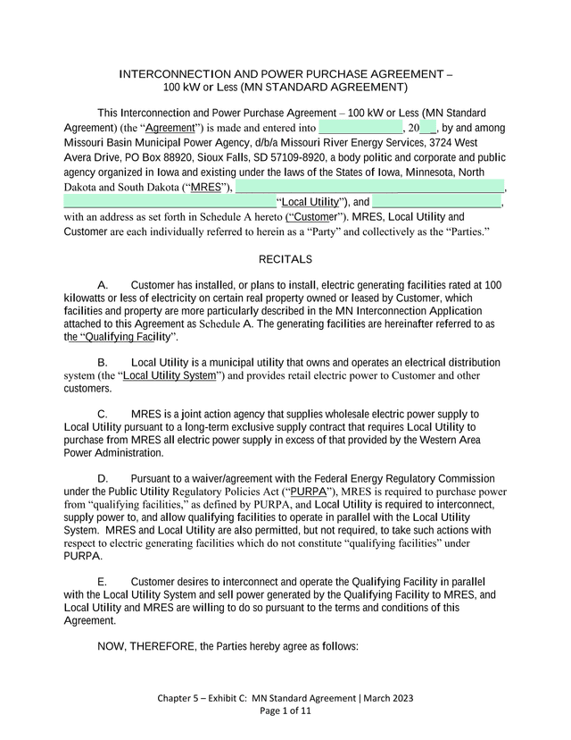 Interconnection And Power Purchase Agreement  100 KW Or Less (MN STANDARD AGREEMENT) screenshot