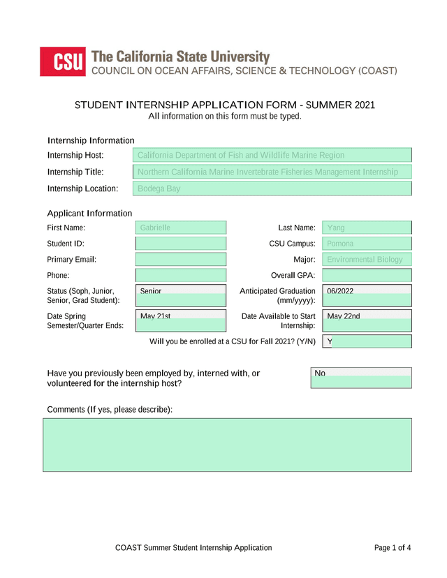 COAST Summer Student Internship Application screenshot