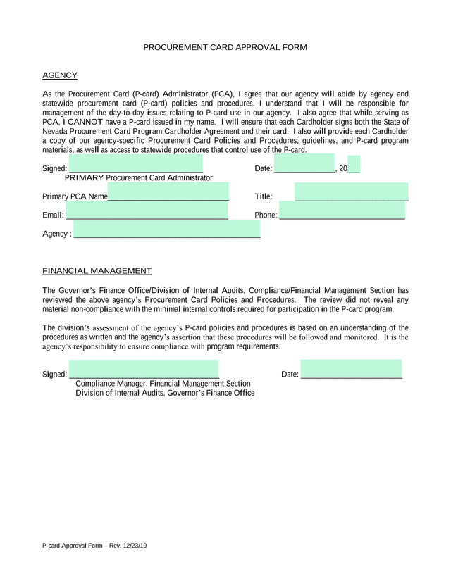 Procurement Card Approval Form screenshot