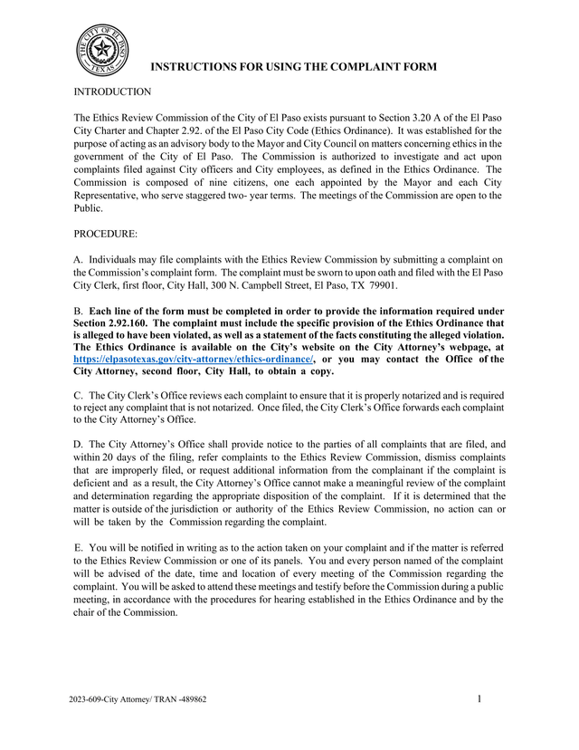 Instructions For Using The Complaint Form screenshot