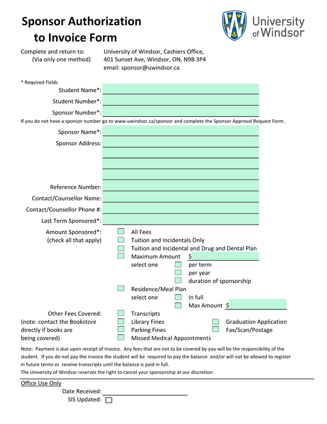 Sponsor Authorization To Invoice Form screenshot