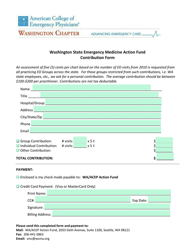 Washington State Emergency Medicine Action Fund Contribution Form screenshot