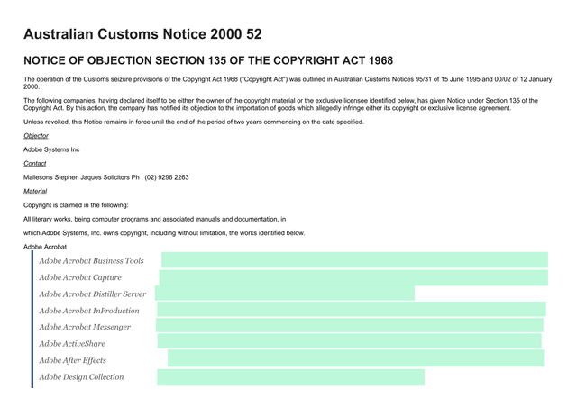 Australian Customs Notice 2000 52 screenshot