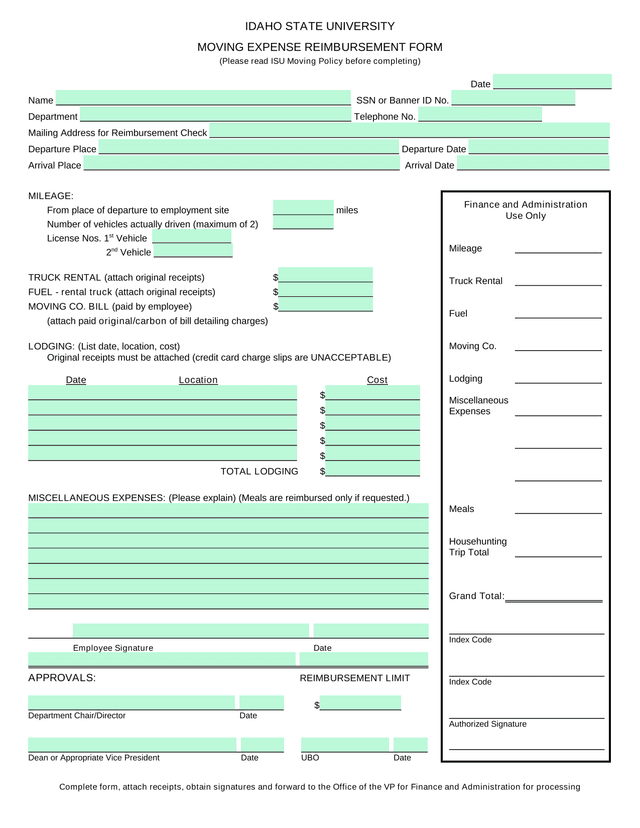 MOVING EXPENSE REIMBURSEMENT FORM screenshot
