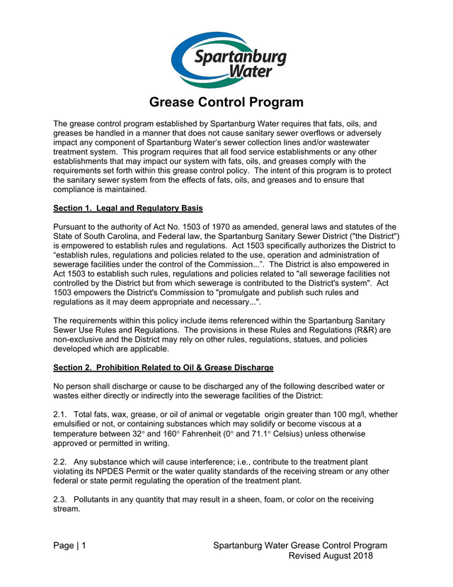 Spartanburg Water Grease Control Program screenshot