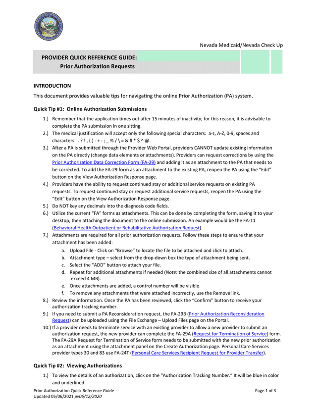 Prior Authorization Quick Reference Guide screenshot