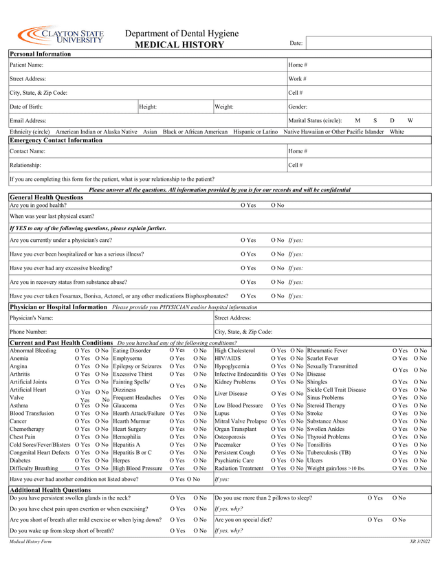 Patient Medical History Form screenshot