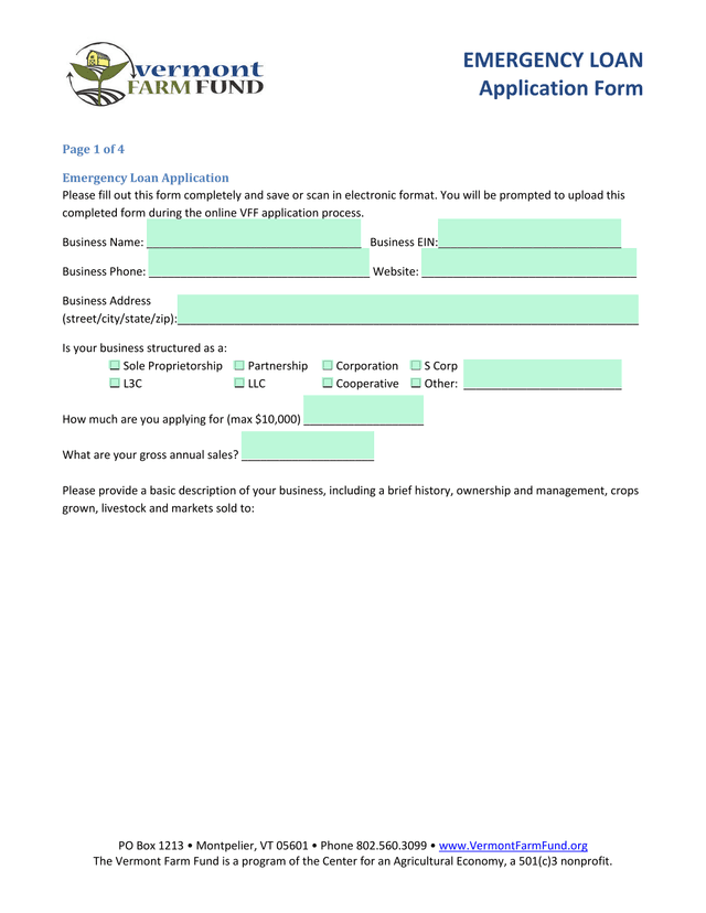 Emergency Loan Application Form screenshot