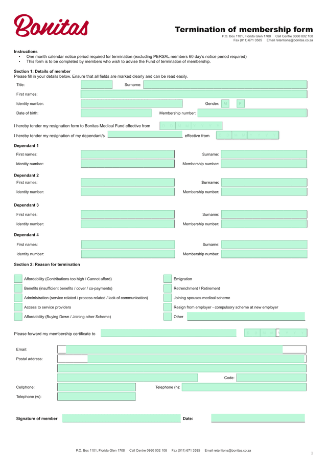 Termination Of Membership Form screenshot