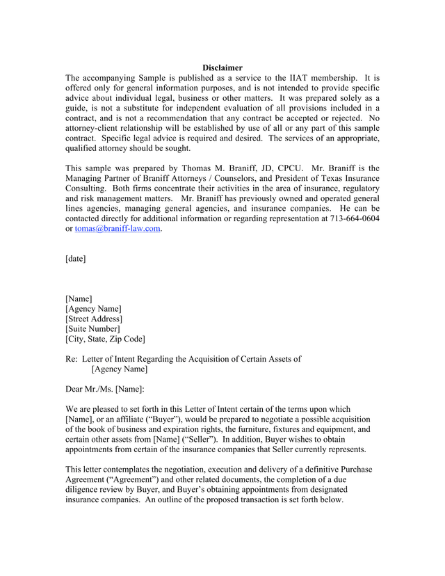 Letter Of Intent For Business Asset Acquisition screenshot