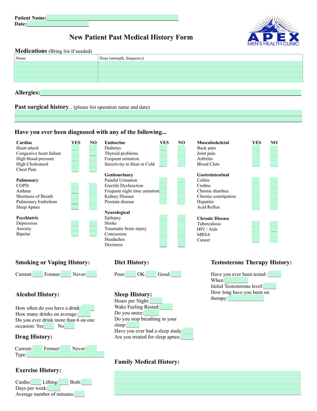 New Patient Past Medical History Form screenshot