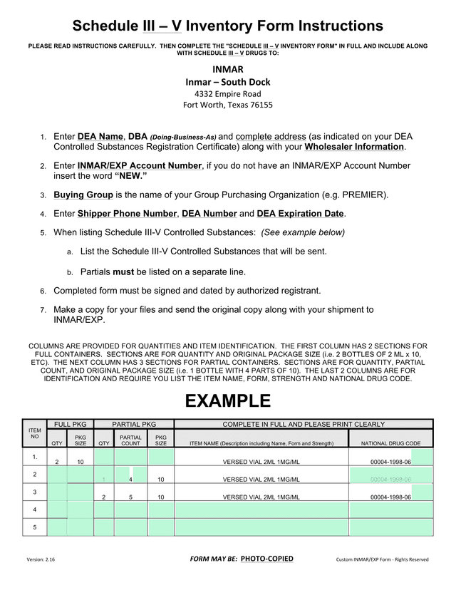 Schedule III  V Inventory Form Instructions screenshot
