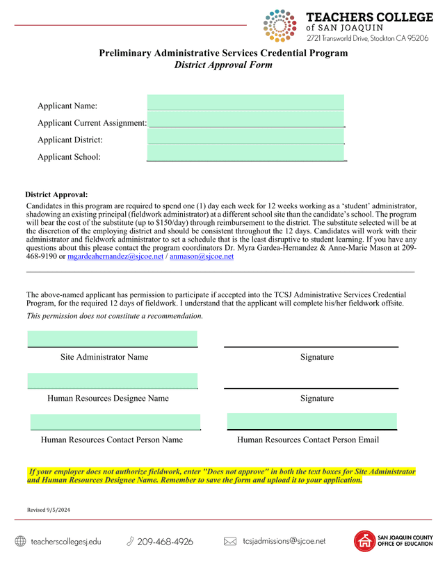 Preliminary Administrative Services Credential Program District Approval Form screenshot