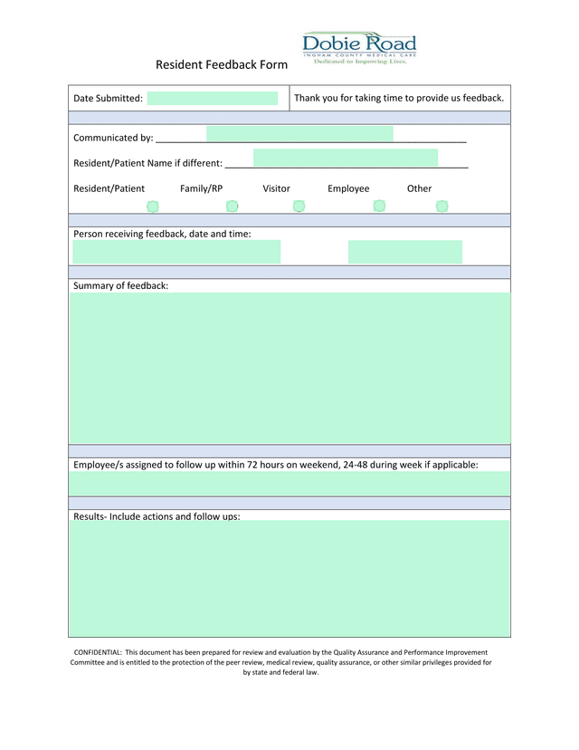 Resident Feedback Form screenshot